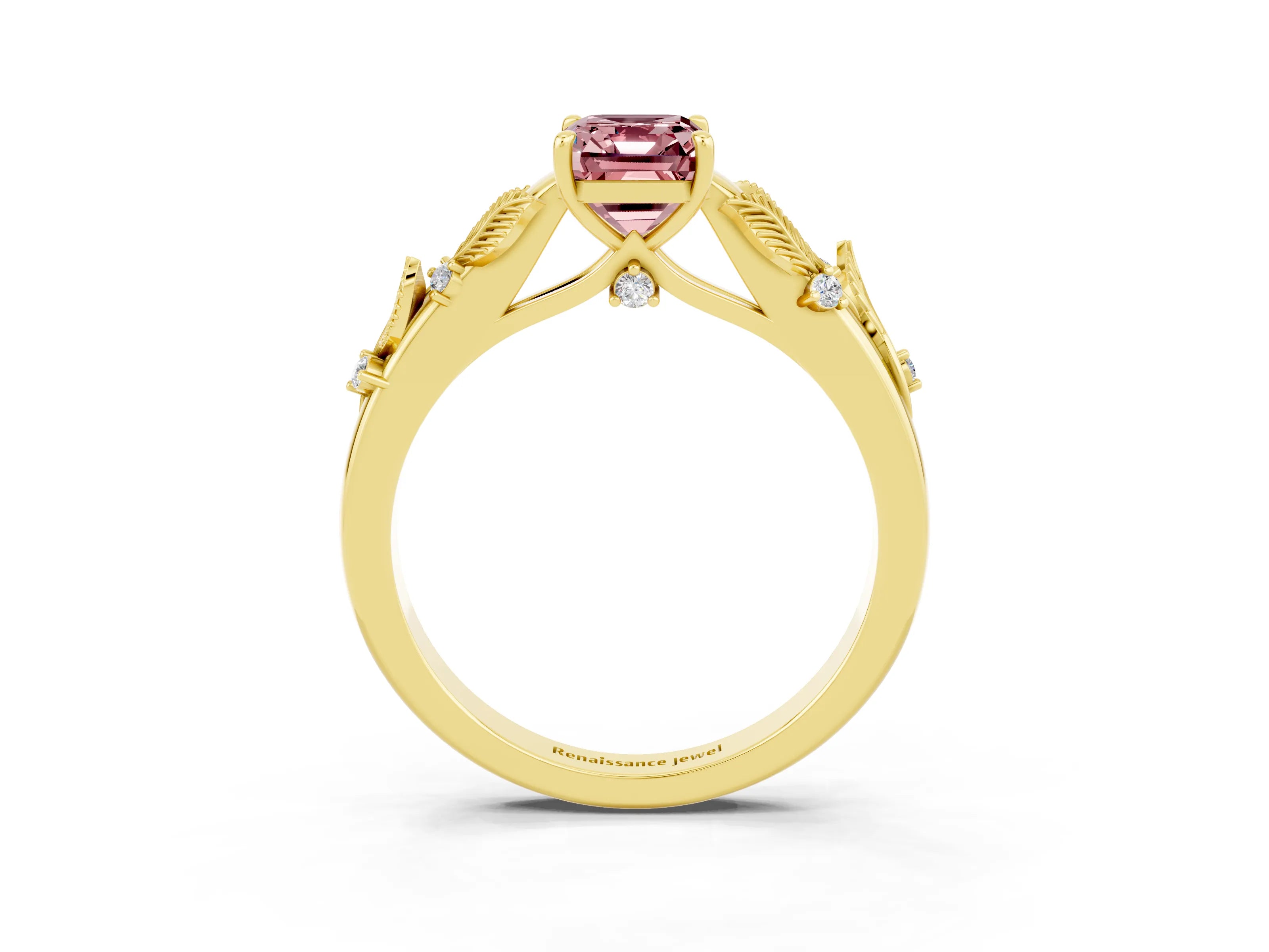 Yellow gold Emerald Cut Morganite Solitaire Ring with Leaf Motif Band and Four-Prong Setting_3