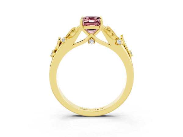 Yellow gold Emerald Cut Morganite Solitaire Ring with Leaf Motif Band and Four-Prong Setting