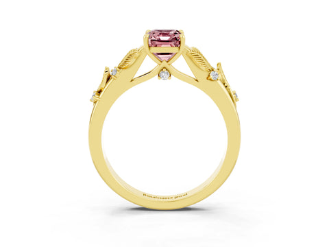 Yellow gold Emerald Cut Morganite Solitaire Ring with Leaf Motif Band and Four-Prong Setting_3