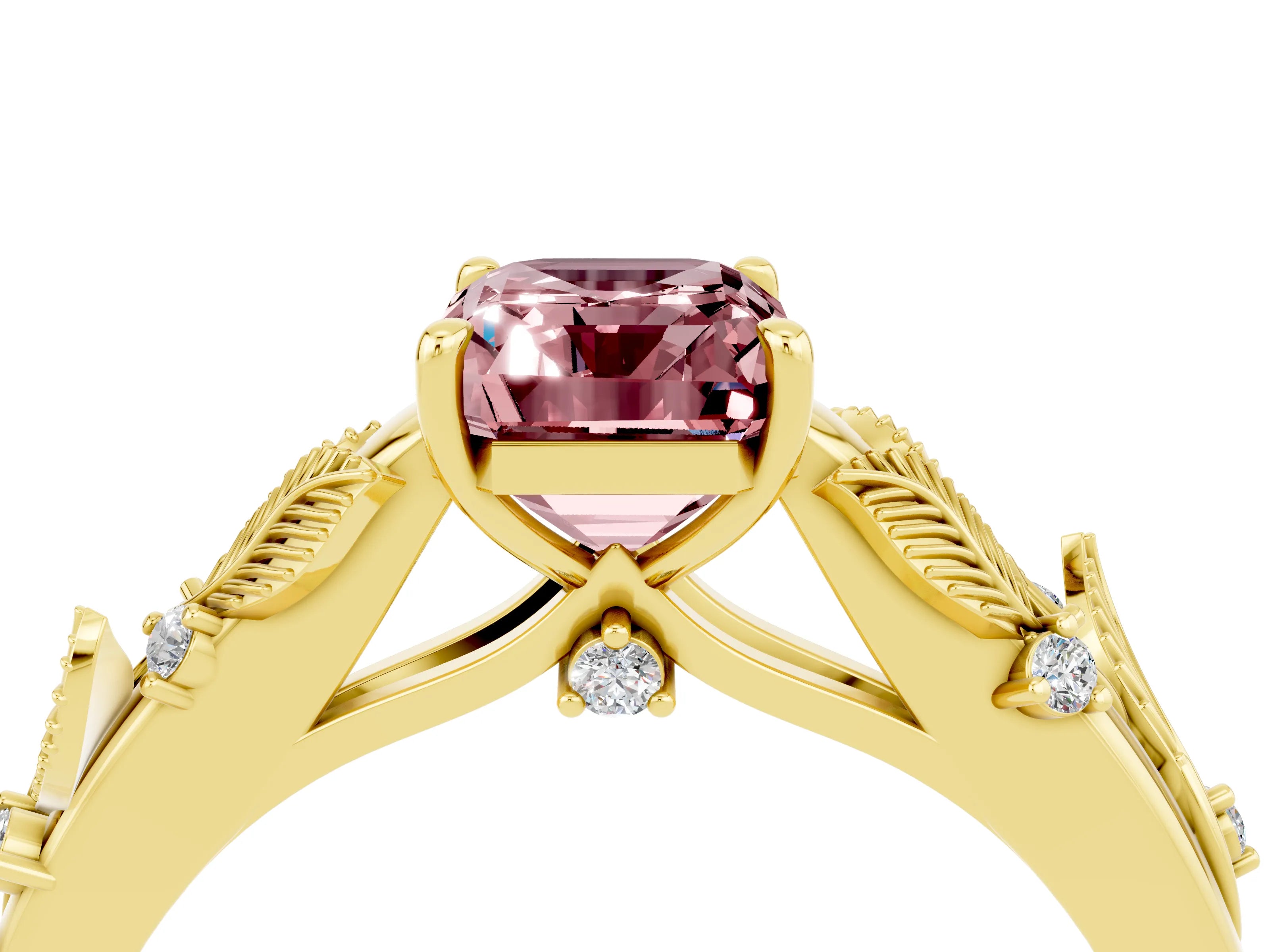 Yellow gold Emerald Cut Morganite Solitaire Ring with Leaf Motif Band and Four-Prong Setting_4