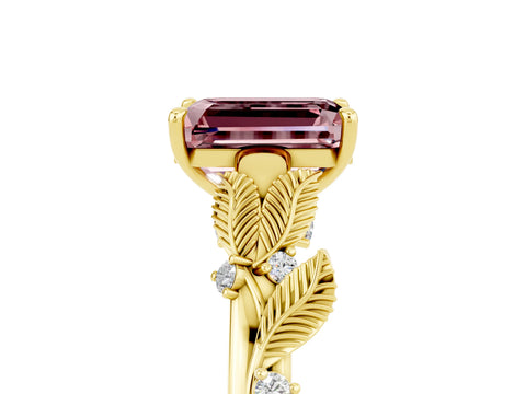Yellow gold Emerald Cut Morganite Solitaire Ring with Leaf Motif Band and Four-Prong Setting_5
