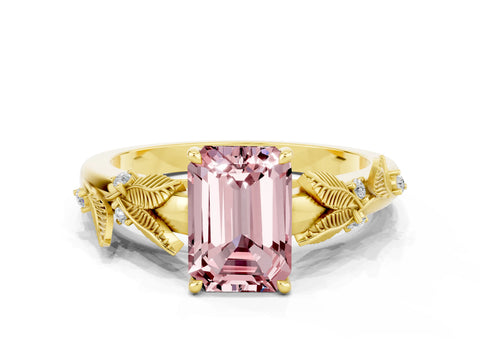 Yellow gold Emerald Cut Morganite Solitaire Ring with Leaf Motif Band and Four-Prong Setting