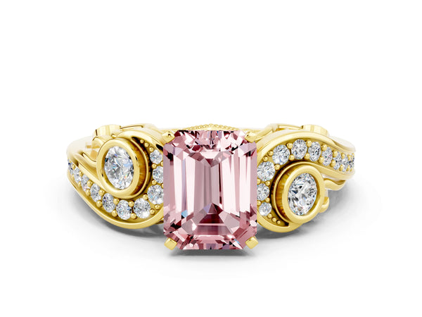 Yellow gold Emerald Cut Morganite Solitaire Ring with Milgrain Pavé Band and Four-Prong Setting