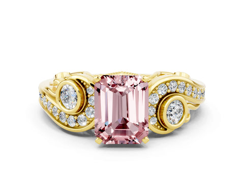 Yellow gold Emerald Cut Morganite Solitaire Ring with Milgrain Pavé Band and Four-Prong Setting_24