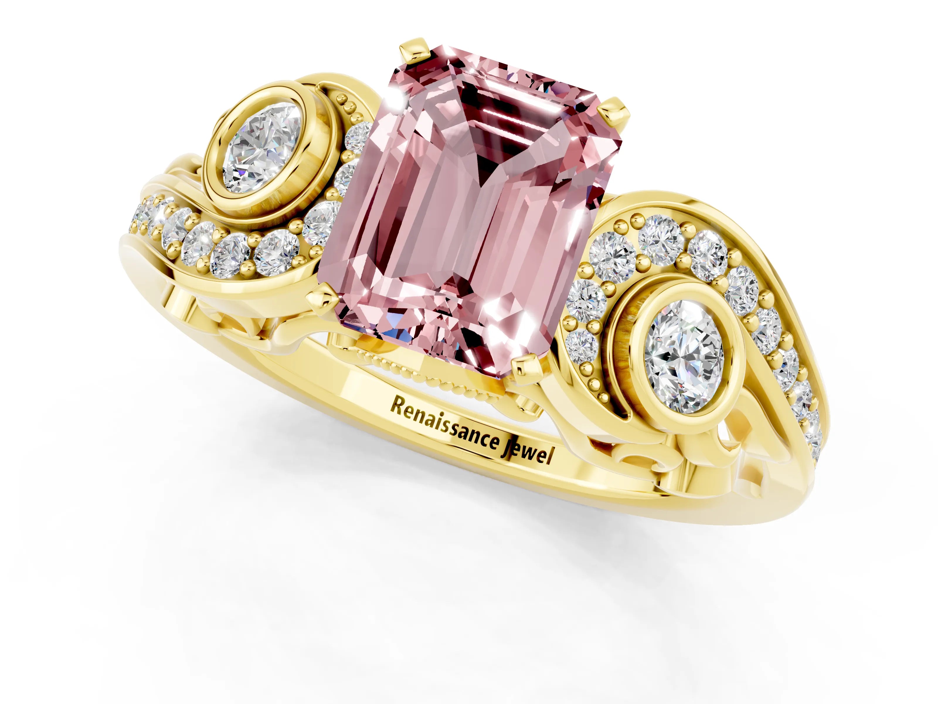 Yellow gold Emerald Cut Morganite Solitaire Ring with Milgrain Pavé Band and Four-Prong Setting_25