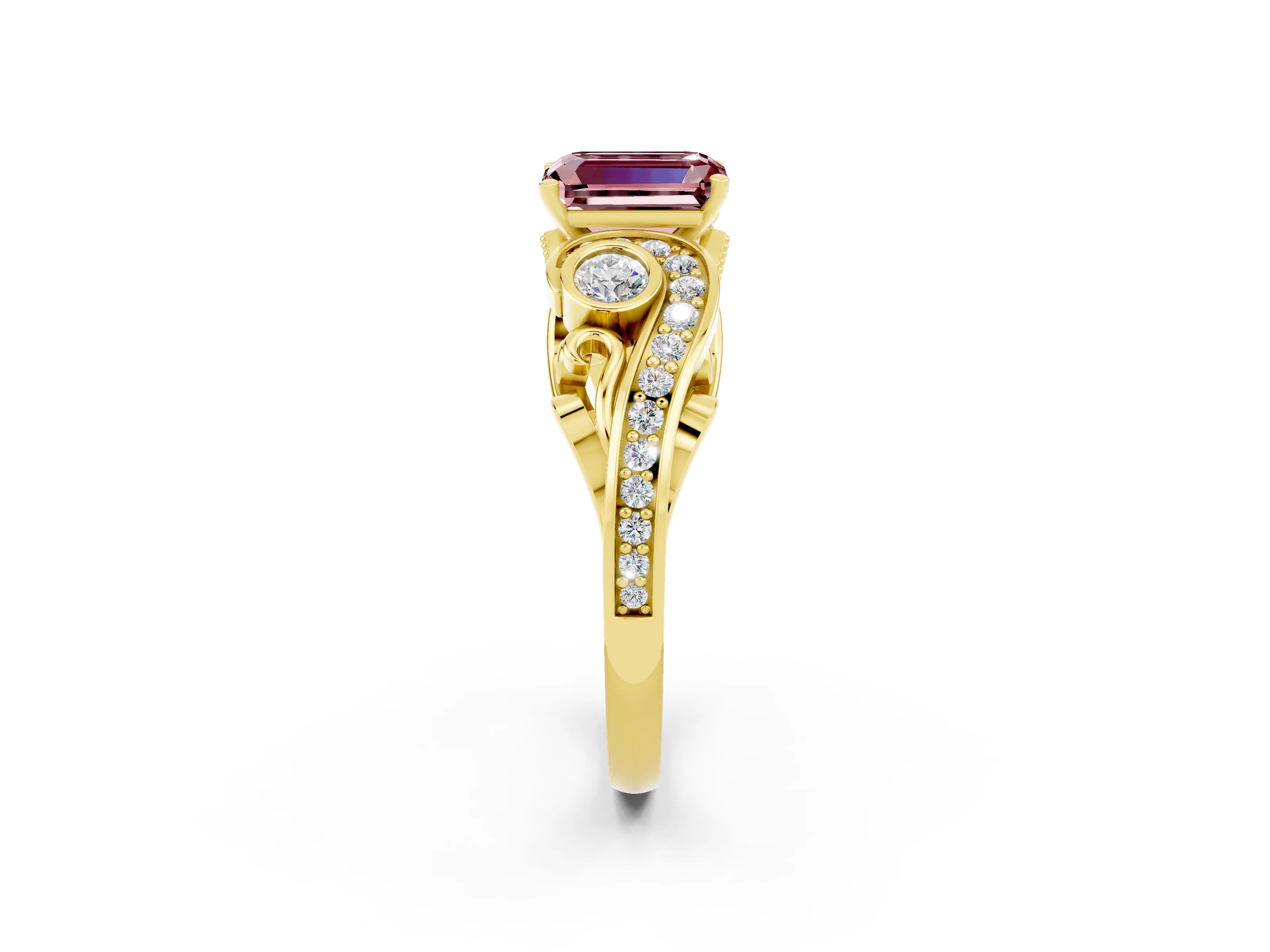 Yellow gold Emerald Cut Morganite Solitaire Ring with Milgrain Pavé Band and Four-Prong Setting_26