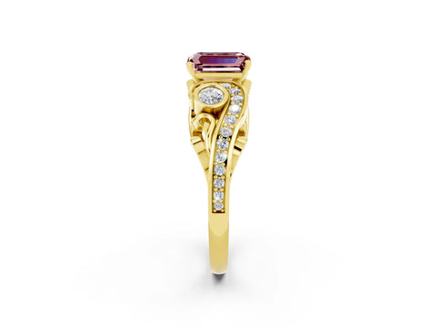 Yellow gold Emerald Cut Morganite Solitaire Ring with Milgrain Pavé Band and Four-Prong Setting_26