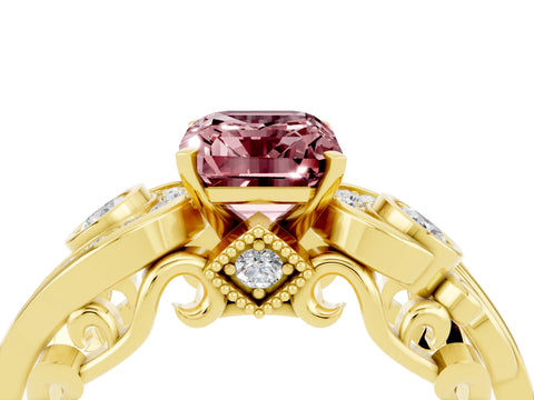 Yellow gold Emerald Cut Morganite Solitaire Ring with Milgrain Pavé Band and Four-Prong Setting_28