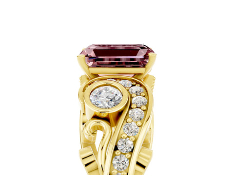Yellow gold Emerald Cut Morganite Solitaire Ring with Milgrain Pavé Band and Four-Prong Setting_29