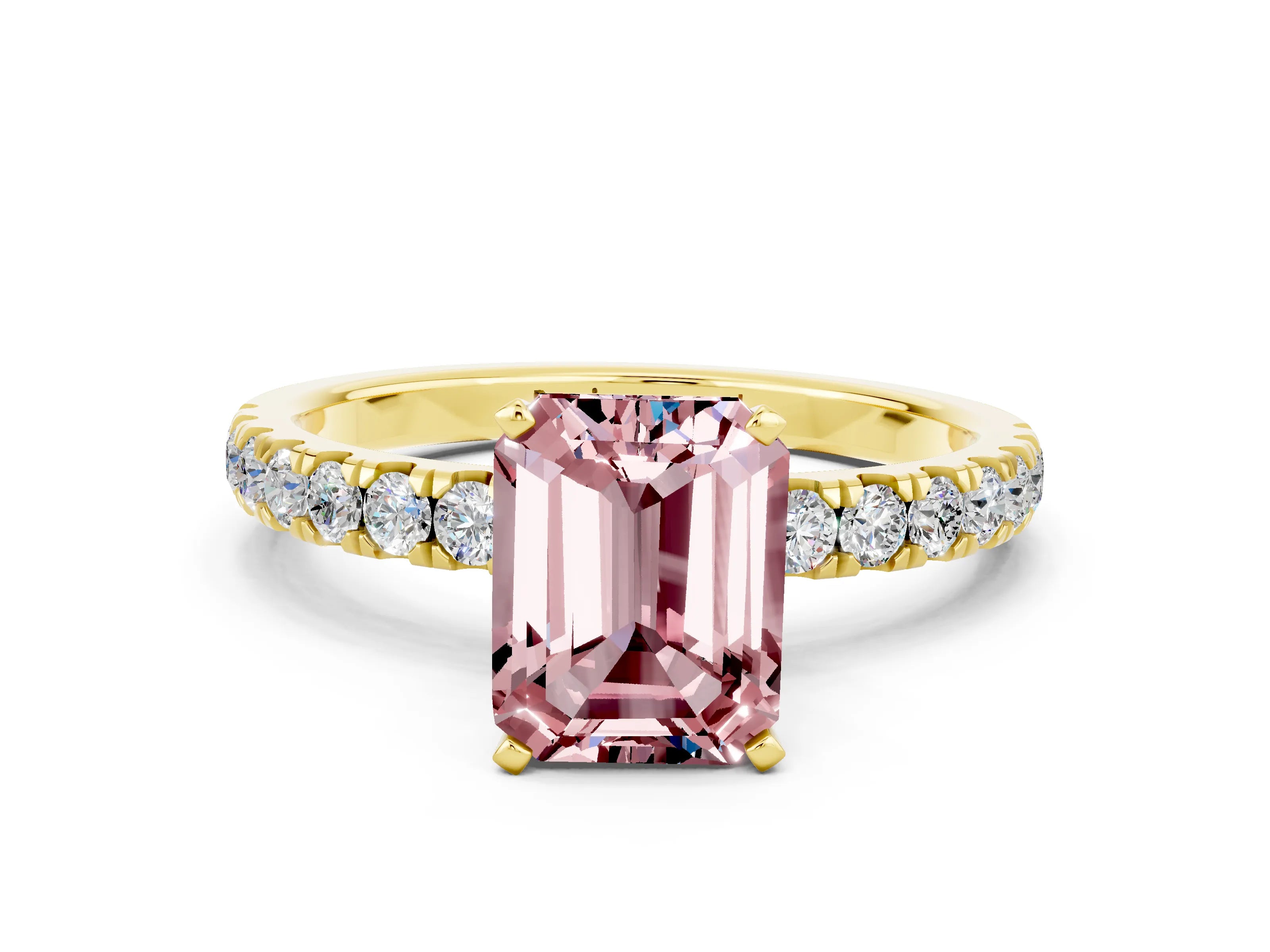 Yellow gold Emerald Cut Morganite Solitaire Ring with Pavé Accents and Four-Prong Setting