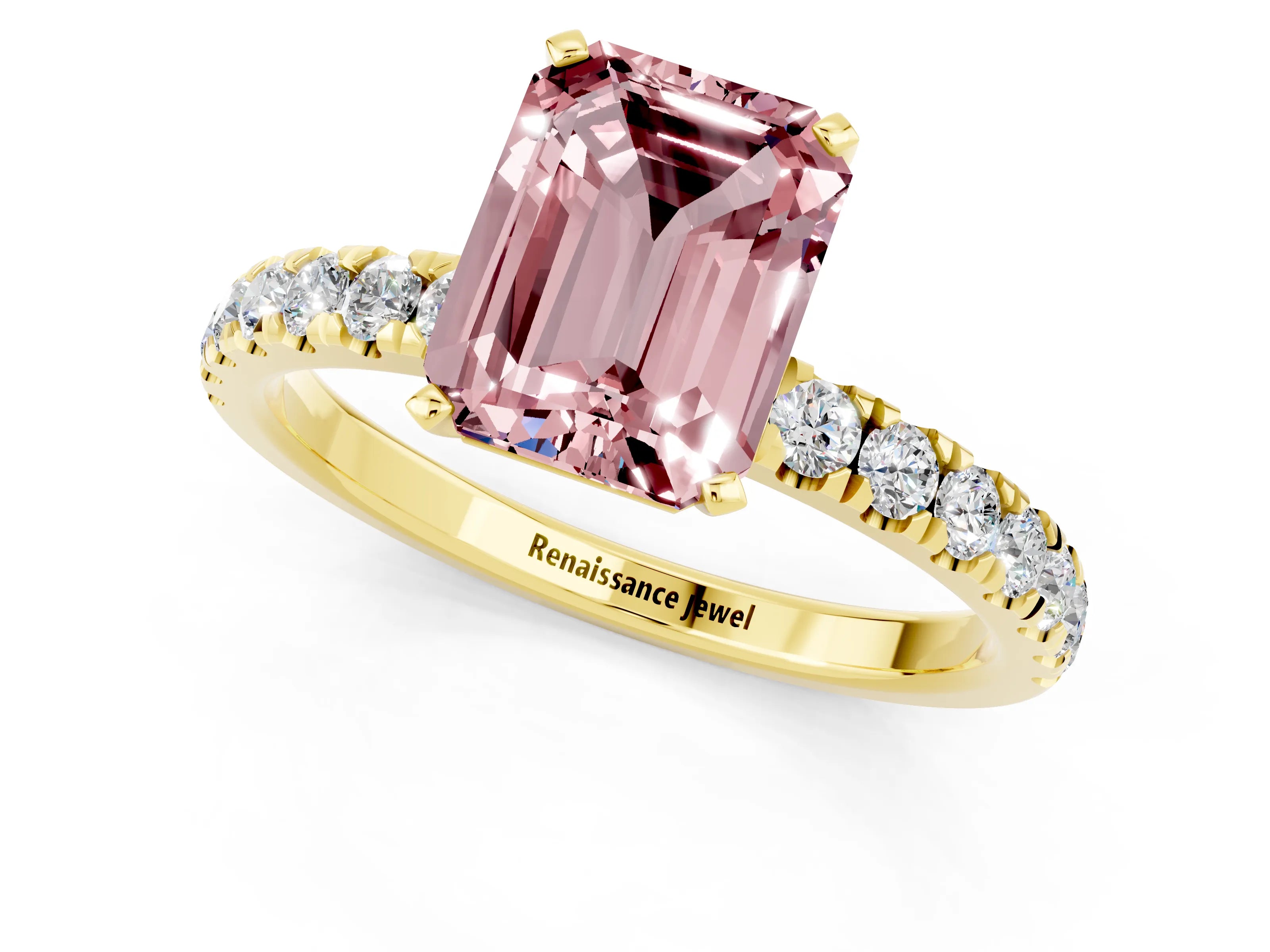 Yellow gold Emerald Cut Morganite Solitaire Ring with Pavé Accents and Four-Prong Setting_1