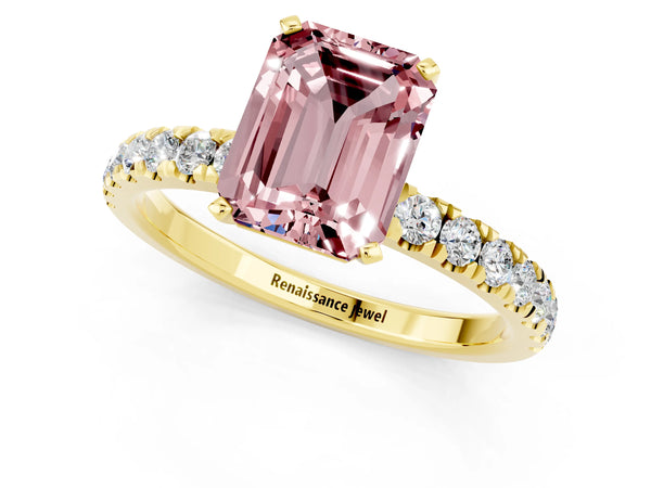 Yellow gold Emerald Cut Morganite Solitaire Ring with Pavé Accents and Four-Prong Setting