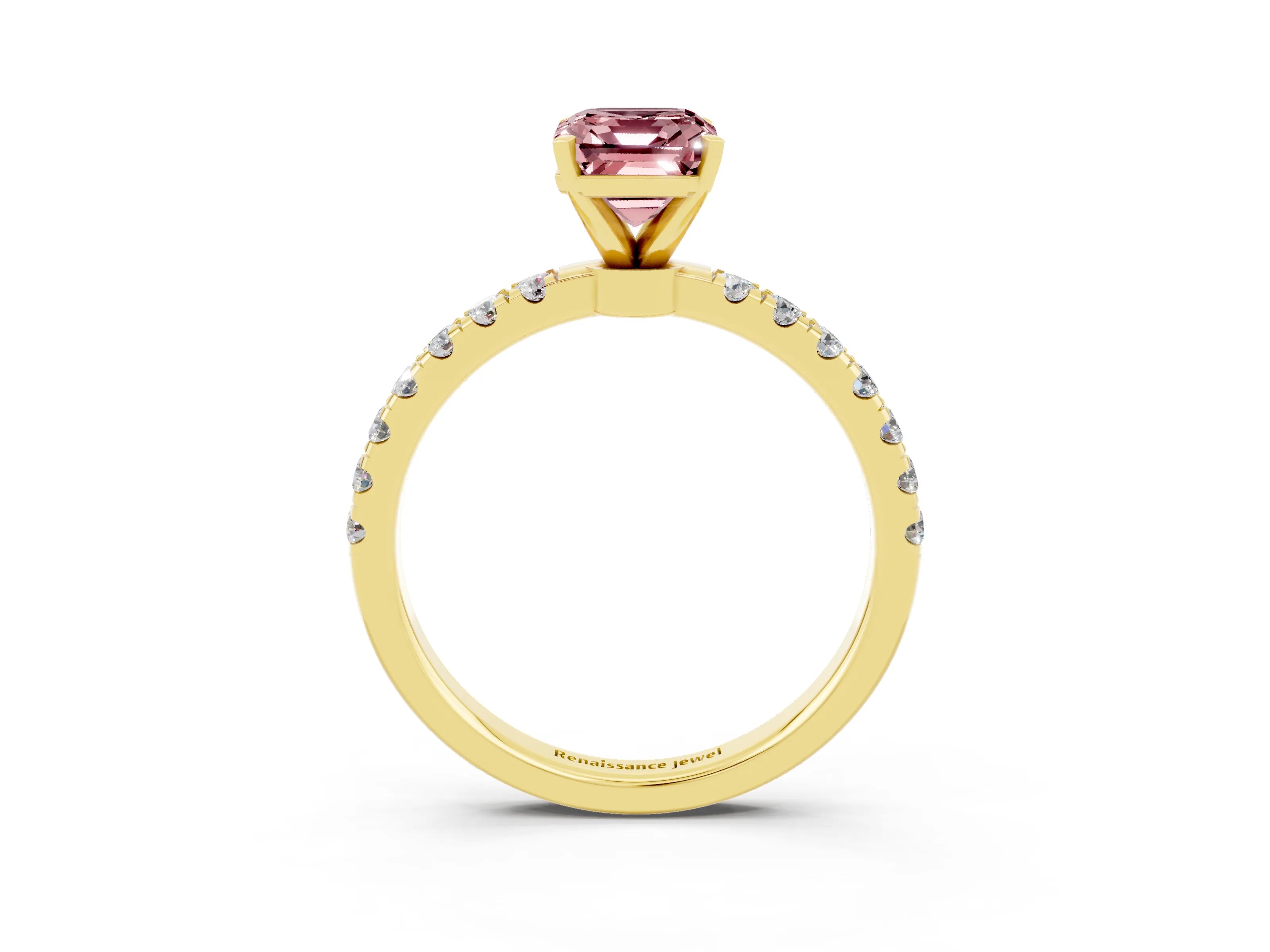 Yellow gold Emerald Cut Morganite Solitaire Ring with Pavé Accents and Four-Prong Setting_3