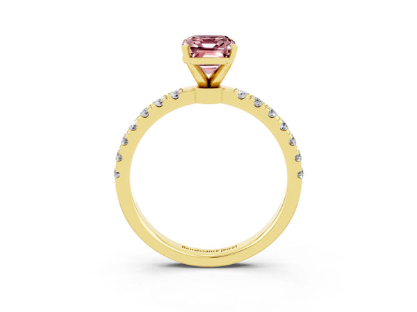 Yellow gold Emerald Cut Morganite Solitaire Ring with Pavé Accents and Four-Prong Setting