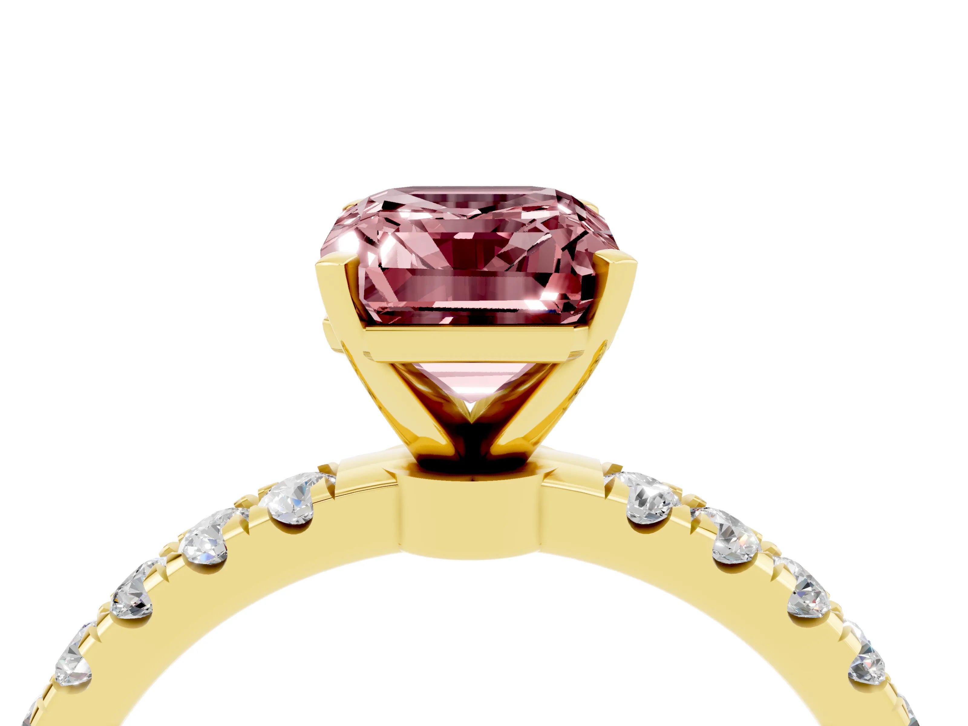 Yellow gold Emerald Cut Morganite Solitaire Ring with Pavé Accents and Four-Prong Setting_4