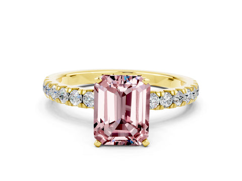 Yellow gold Emerald Cut Morganite Solitaire Ring with Pavé Accents and Four-Prong Setting