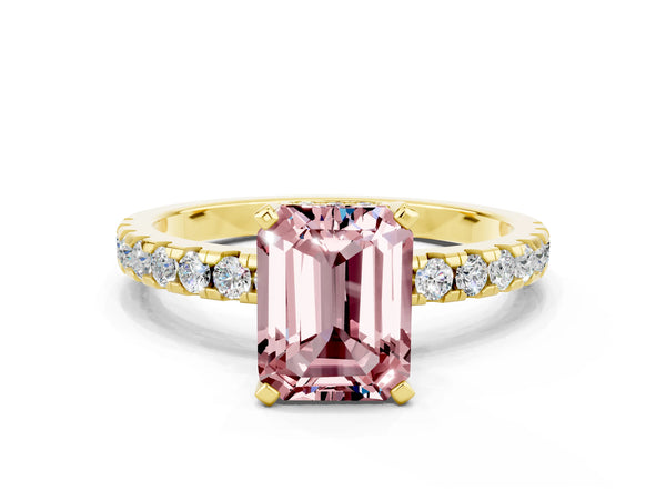 Yellow gold Emerald Cut Morganite Solitaire Ring with Round  Pavé Band and Four-Prong Setting