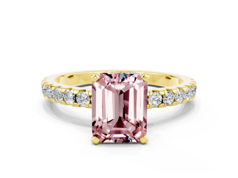 Yellow gold Emerald Cut Morganite Solitaire Ring with Pavé Band and Four-Prong Setting_24