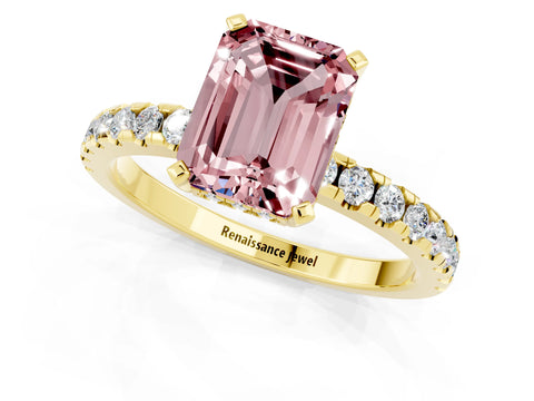 Yellow gold Emerald Cut Morganite Solitaire Ring with Pavé Band and Four-Prong Setting_25