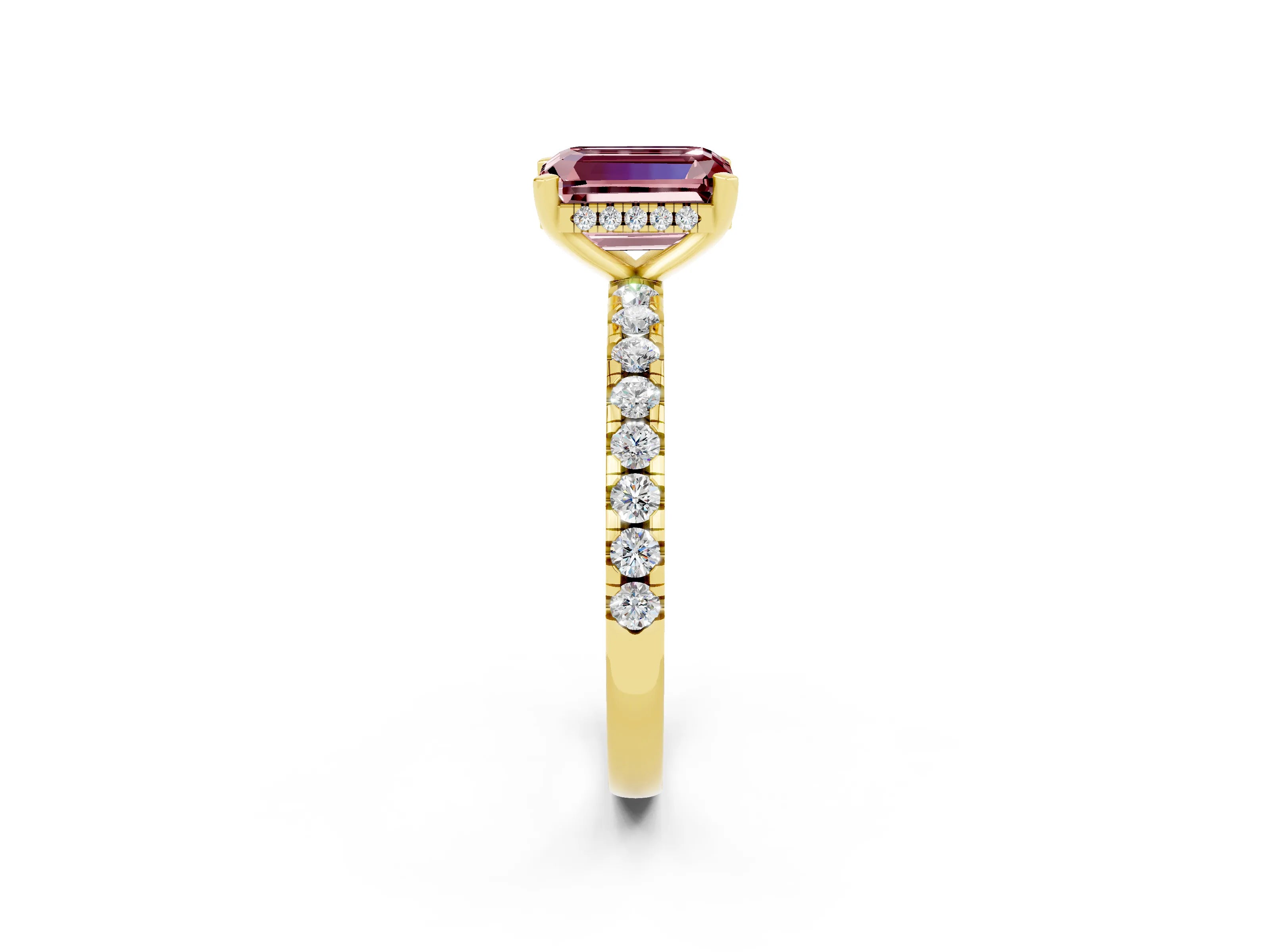 Yellow gold Emerald Cut Morganite Solitaire Ring with Pavé Band and Four-Prong Setting_26