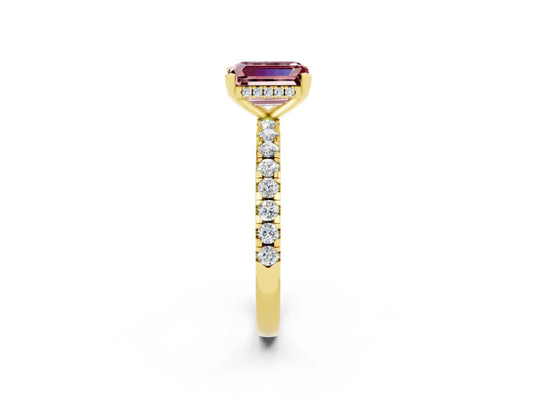 Yellow gold Emerald Cut Morganite Solitaire Ring with Round  Pavé Band and Four-Prong Setting