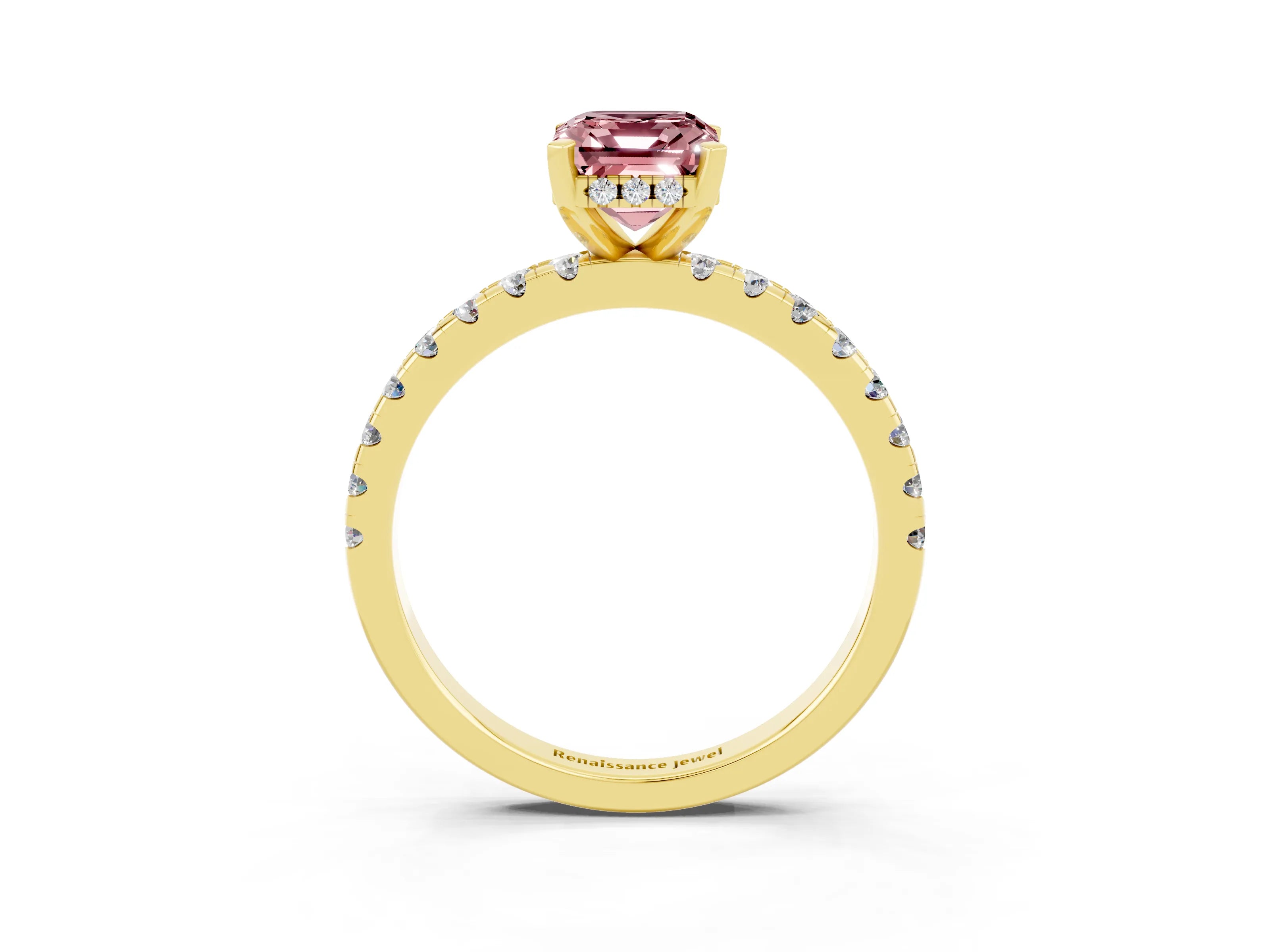 Yellow gold Emerald Cut Morganite Solitaire Ring with Pavé Band and Four-Prong Setting_27