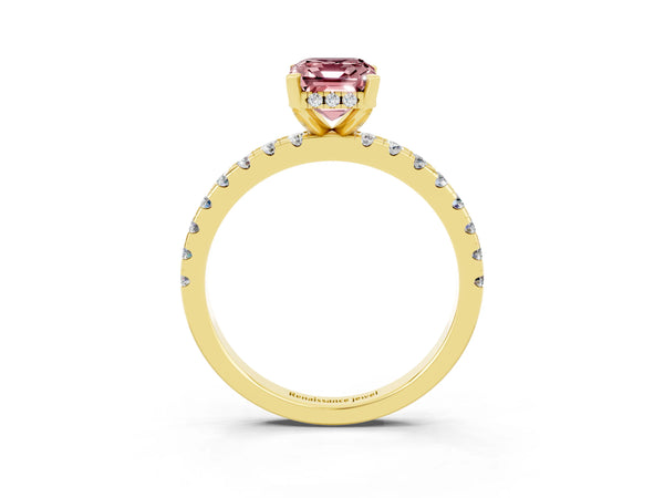 Yellow gold Emerald Cut Morganite Solitaire Ring with Round  Pavé Band and Four-Prong Setting