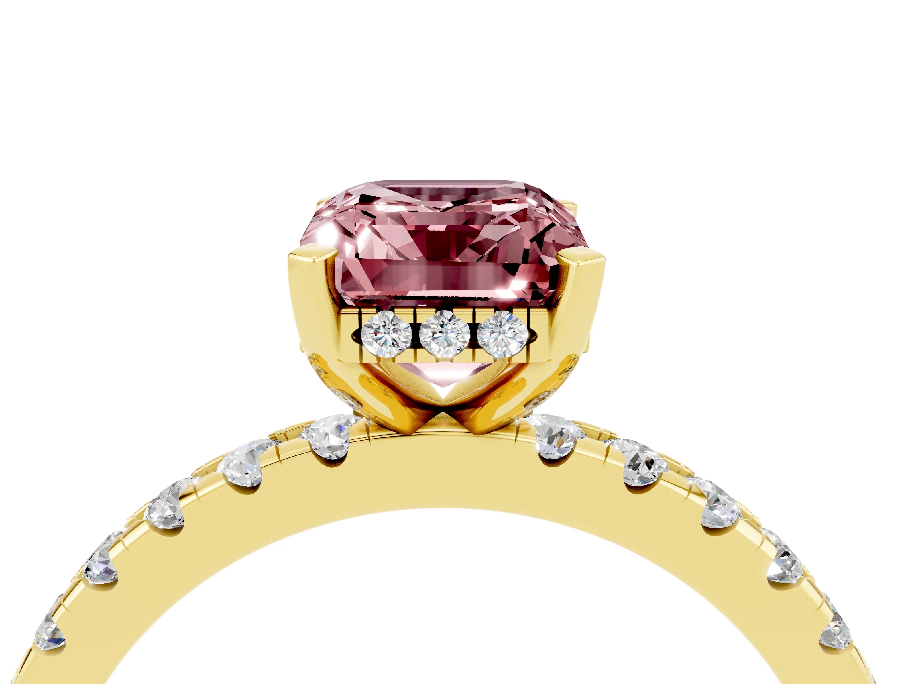 Yellow gold Emerald Cut Morganite Solitaire Ring with Pavé Band and Four-Prong Setting_28