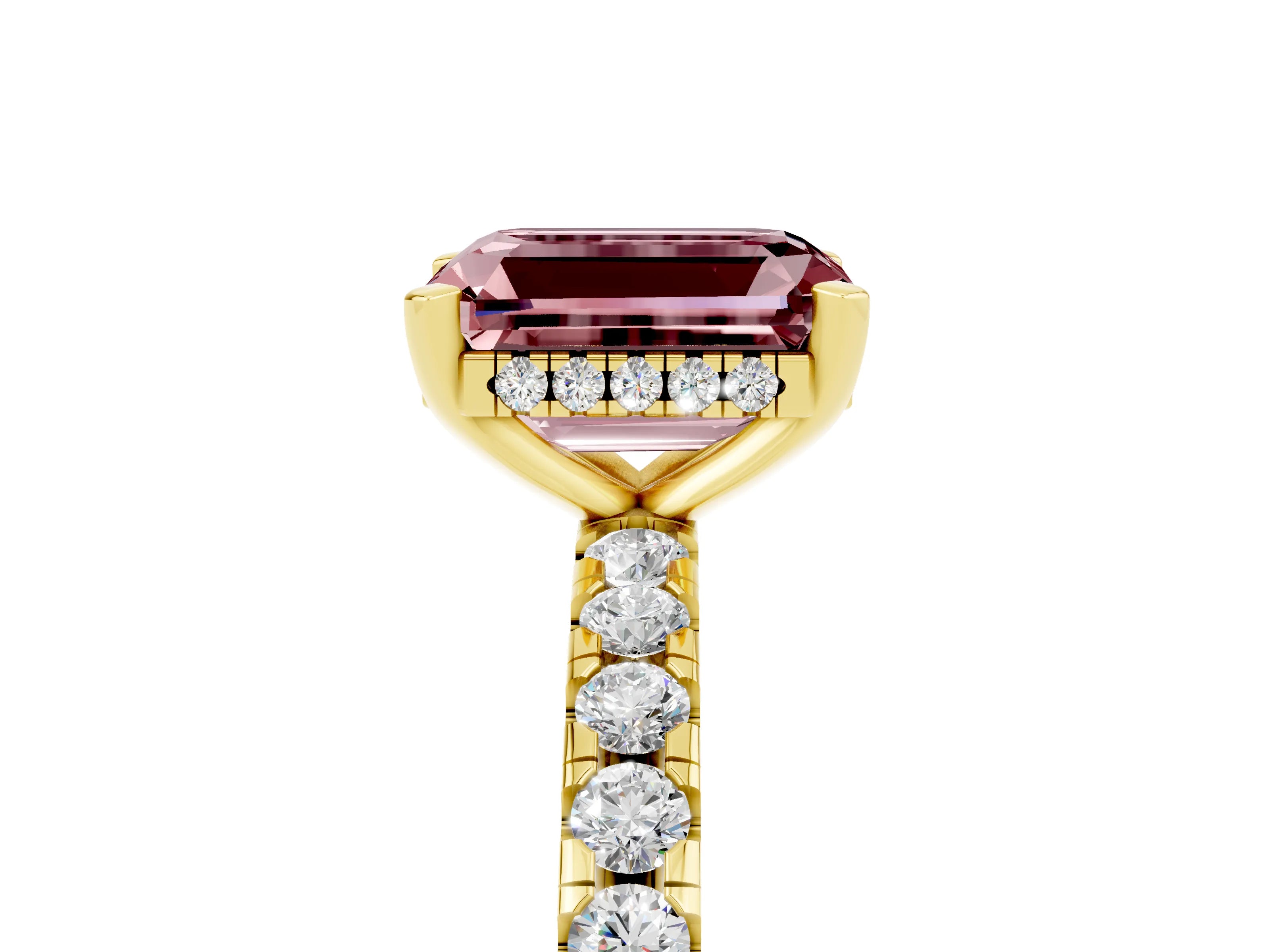 Yellow gold Emerald Cut Morganite Solitaire Ring with Pavé Band and Four-Prong Setting_29