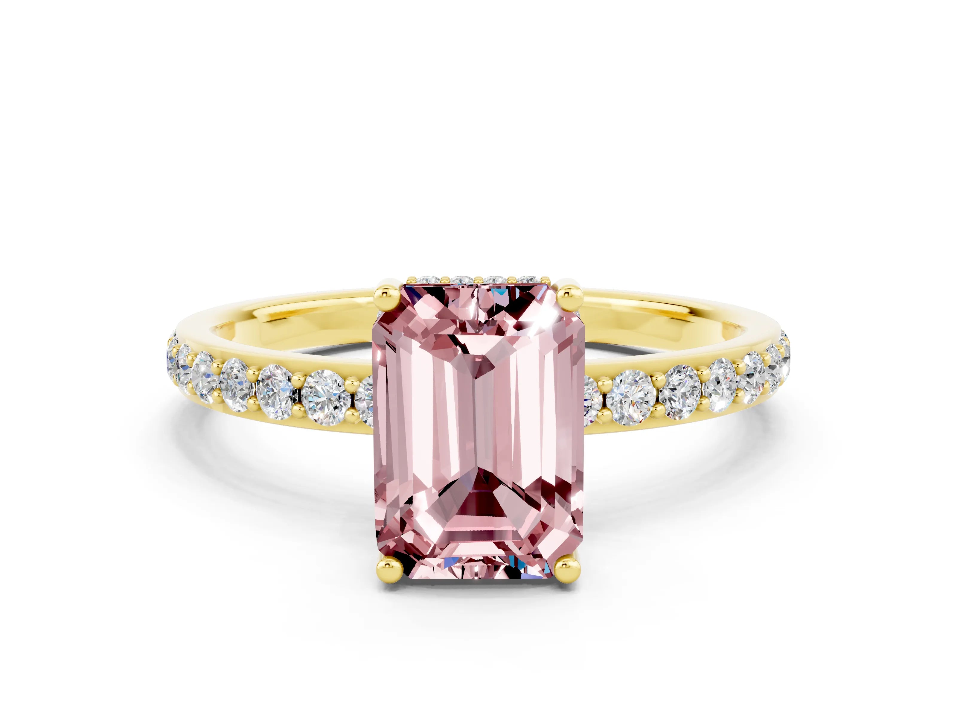 Yellow gold Emerald Cut Morganite Solitaire Ring with Pavé Band and Hidden Halo_12