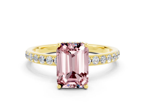 Yellow gold Emerald Cut Morganite Solitaire Ring with Pavé Band and Hidden Halo