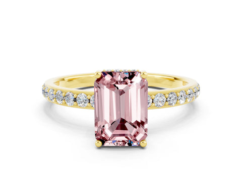 Yellow gold Emerald Cut Morganite Solitaire Ring with Pavé Band and Hidden Halo_12