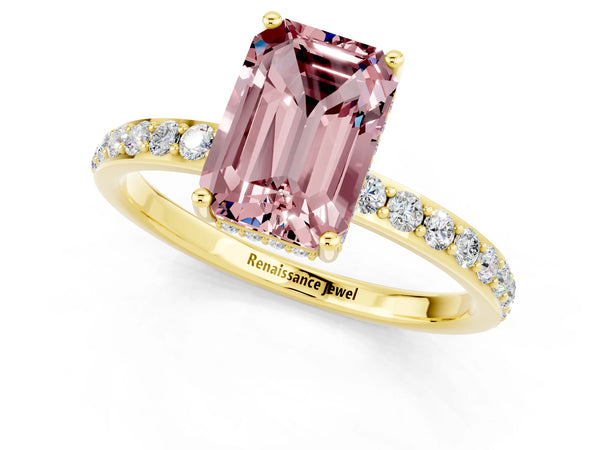 Yellow gold Emerald Cut Morganite Solitaire Ring with Pavé Band and Hidden Halo