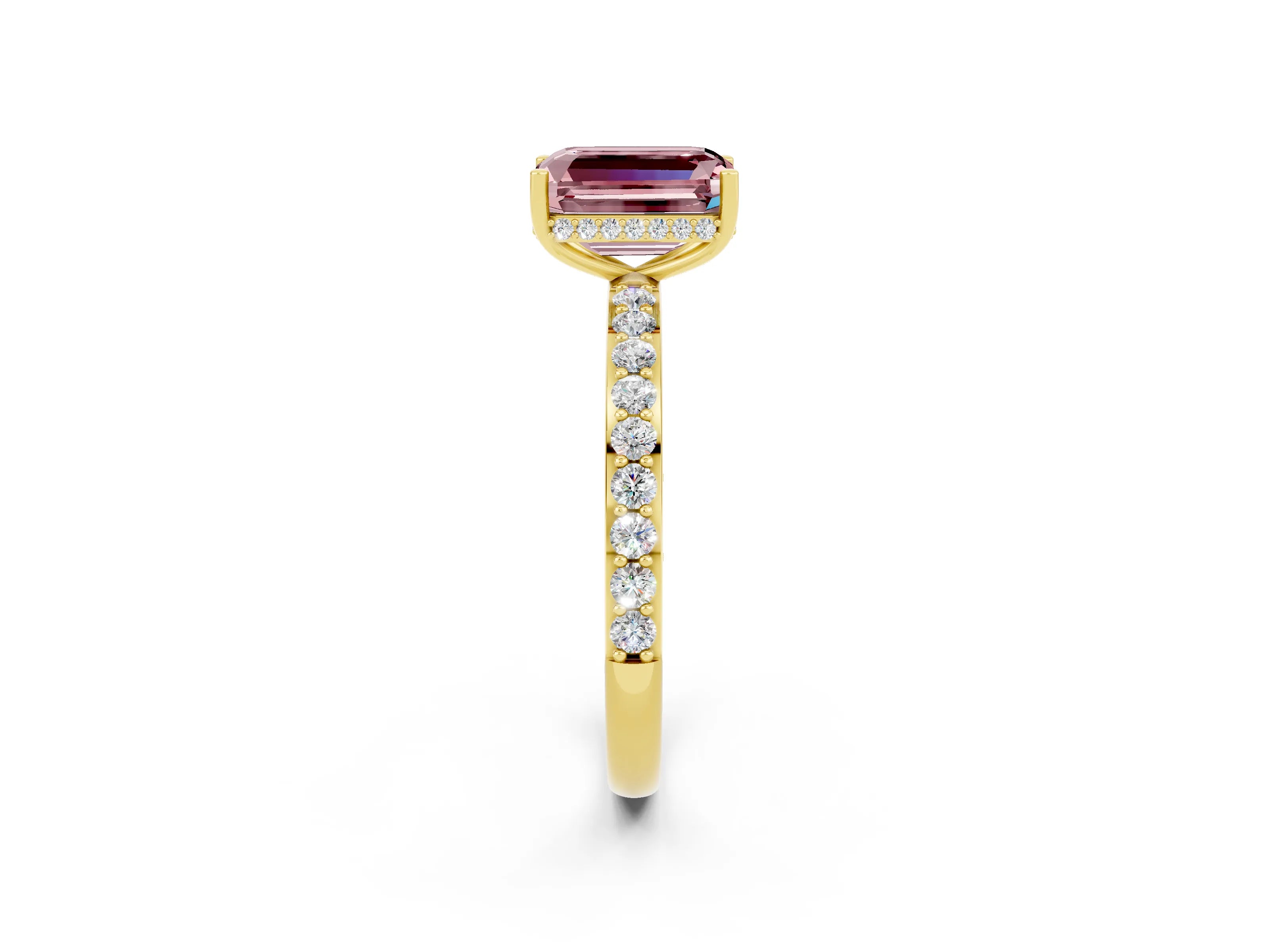Yellow gold Emerald Cut Morganite Solitaire Ring with Pavé Band and Hidden Halo_14