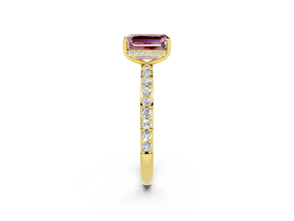 Yellow gold Emerald Cut Morganite Solitaire Ring with Pavé Band and Hidden Halo