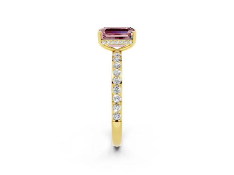Yellow gold Emerald Cut Morganite Solitaire Ring with Pavé Band and Hidden Halo_14