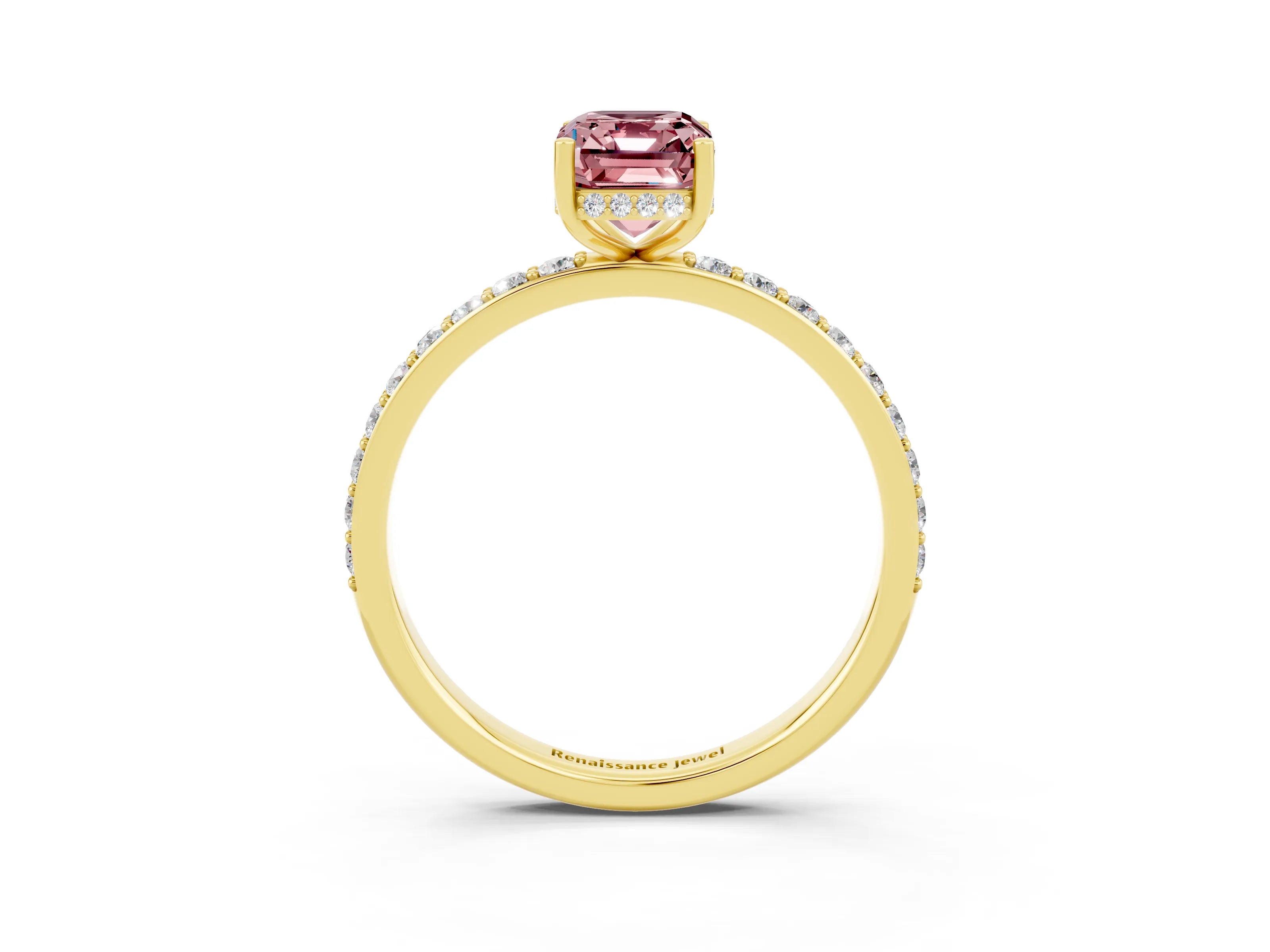 Yellow gold Emerald Cut Morganite Solitaire Ring with Pavé Band and Hidden Halo_15
