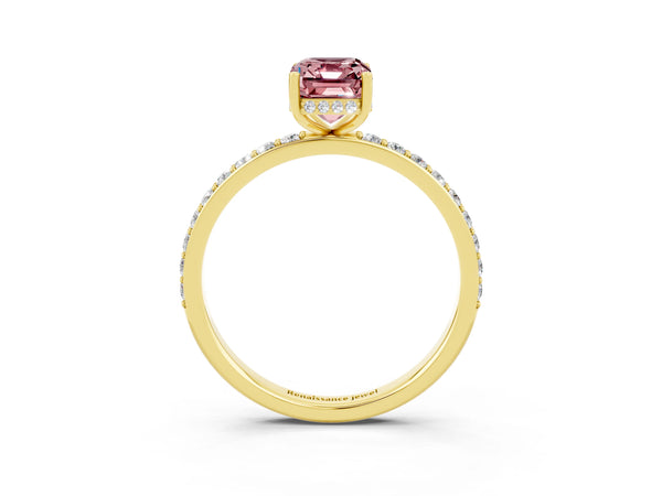 Yellow gold Emerald Cut Morganite Solitaire Ring with Pavé Band and Hidden Halo