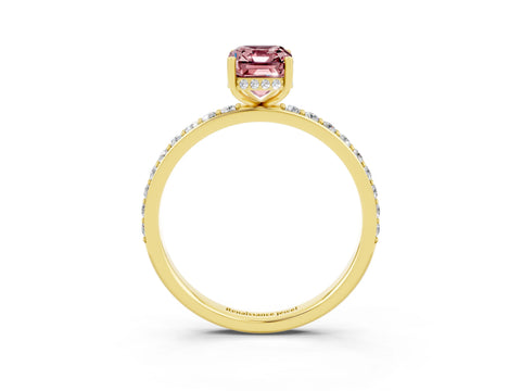 Yellow gold Emerald Cut Morganite Solitaire Ring with Pavé Band and Hidden Halo_15