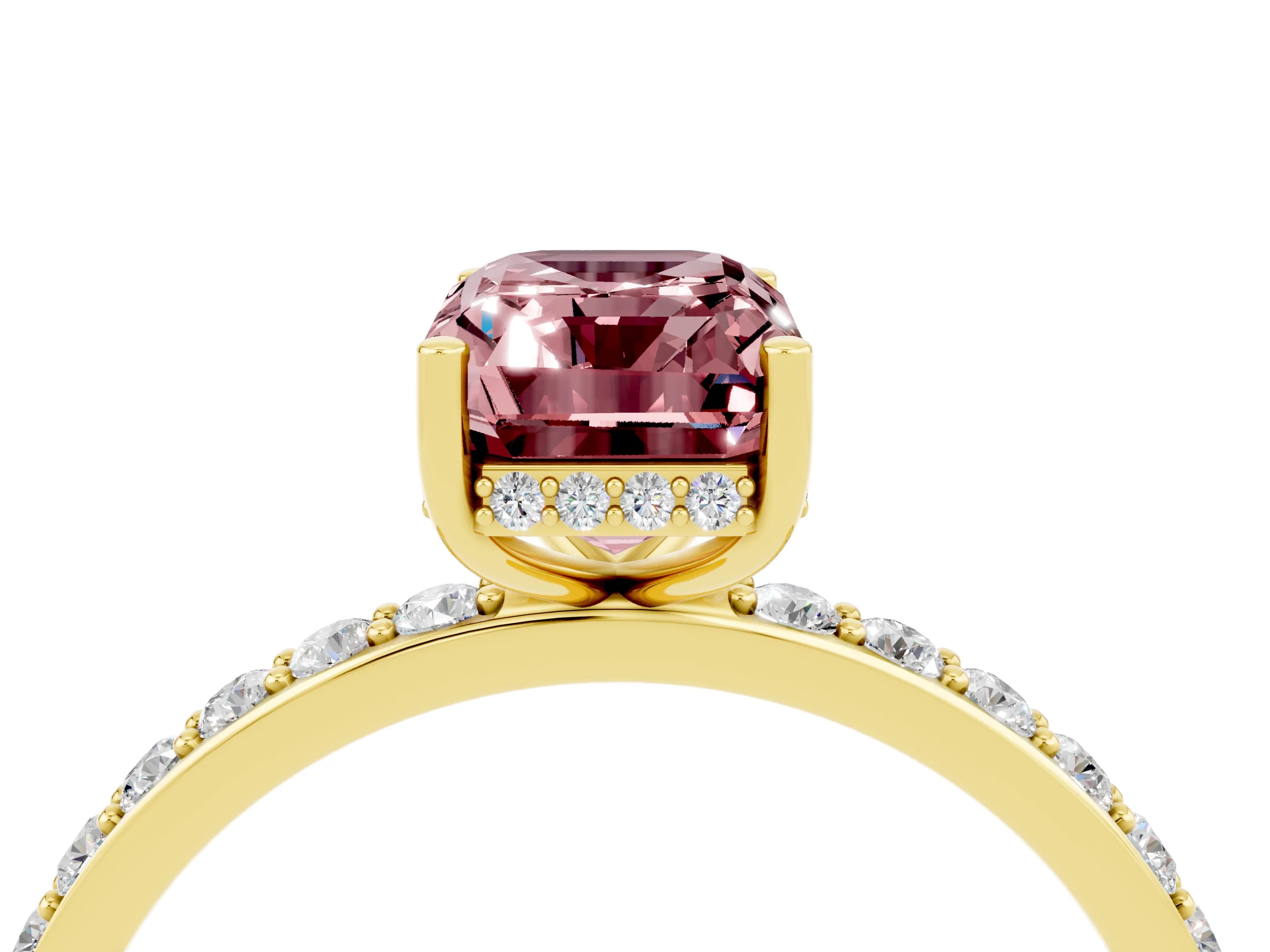 Yellow gold Emerald Cut Morganite Solitaire Ring with Pavé Band and Hidden Halo_16