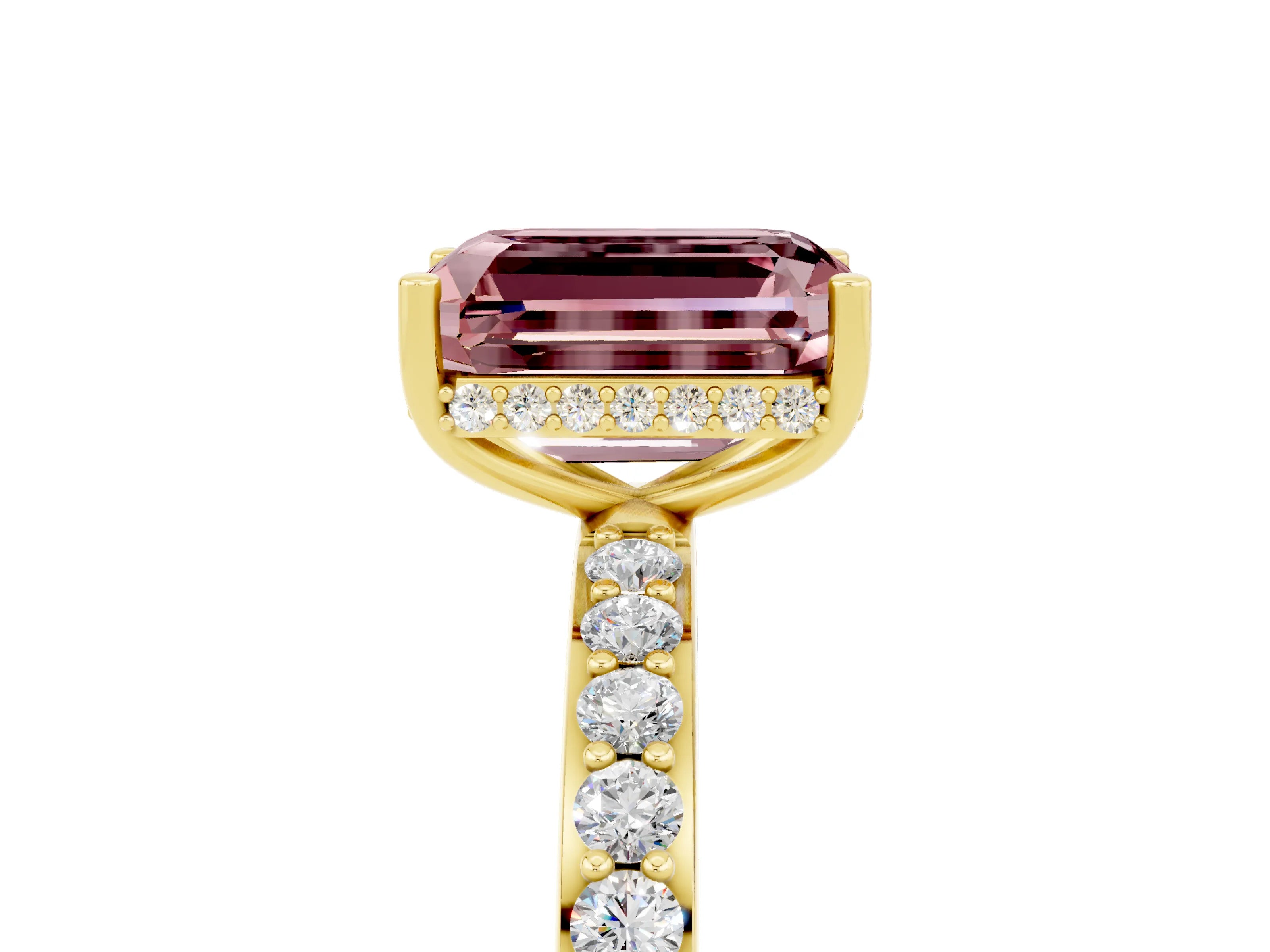 Yellow gold Emerald Cut Morganite Solitaire Ring with Pavé Band and Hidden Halo_17