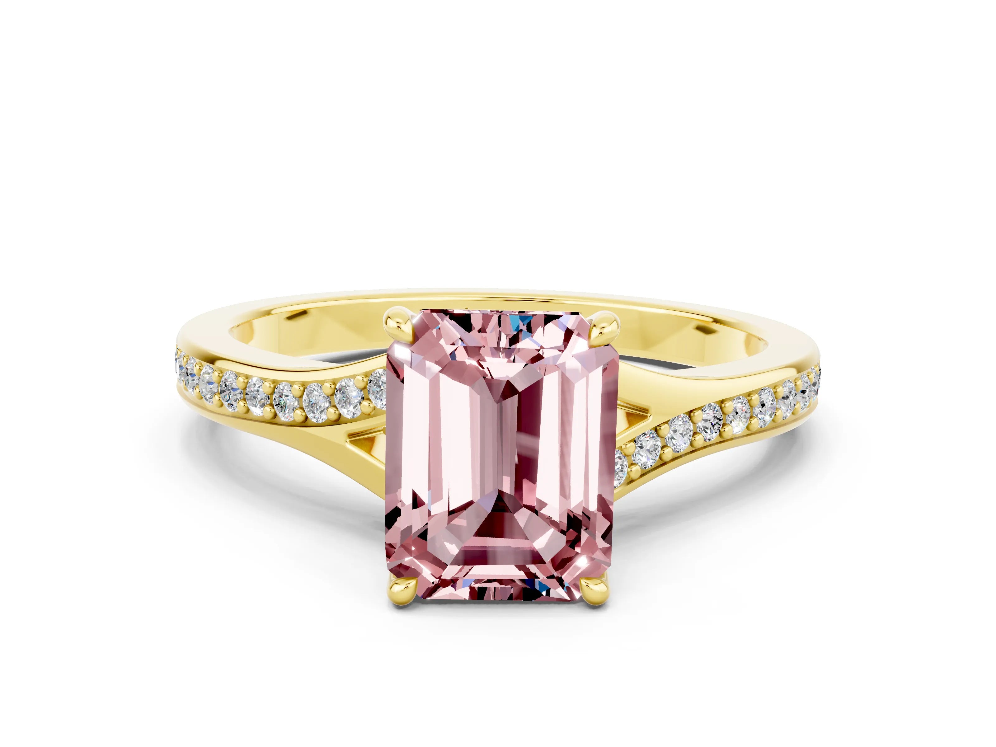 Yellow gold Emerald Cut Morganite Solitaire Ring with Pavé Band and Prong Setting