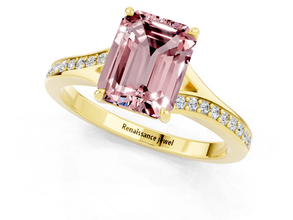 Yellow gold Emerald Cut Morganite Solitaire Ring with Pavé Band and Prong Setting