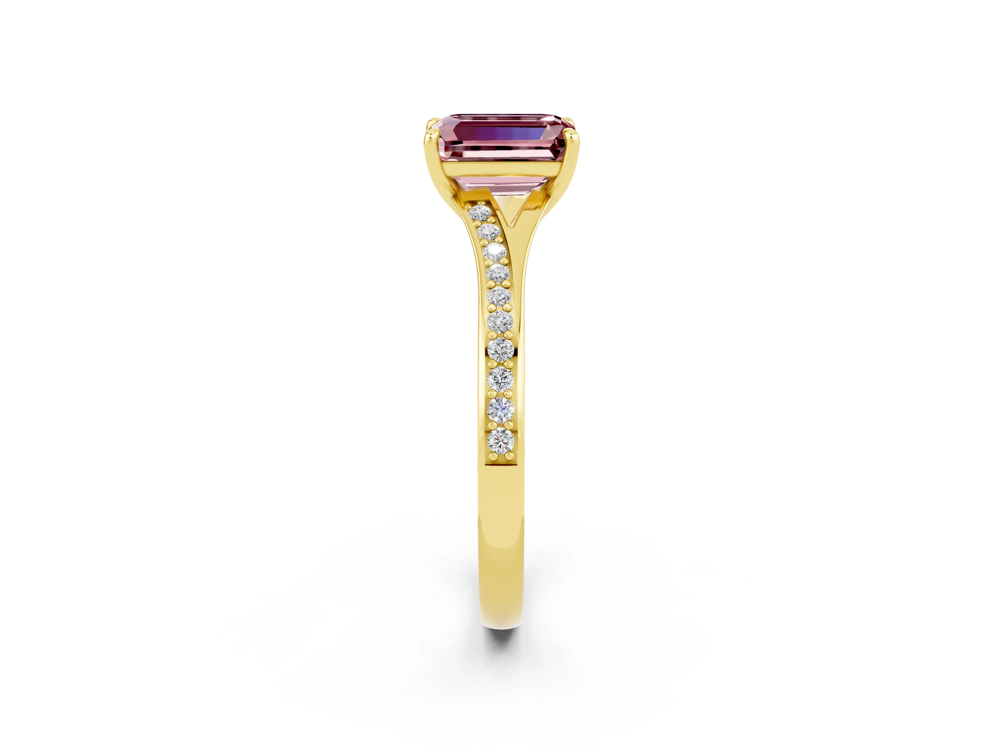 Yellow gold Emerald Cut Morganite Solitaire Ring with Pavé Band and Prong Setting_2