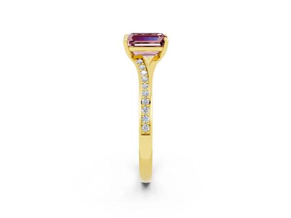 Yellow gold Emerald Cut Morganite Solitaire Ring with Pavé Band and Prong Setting