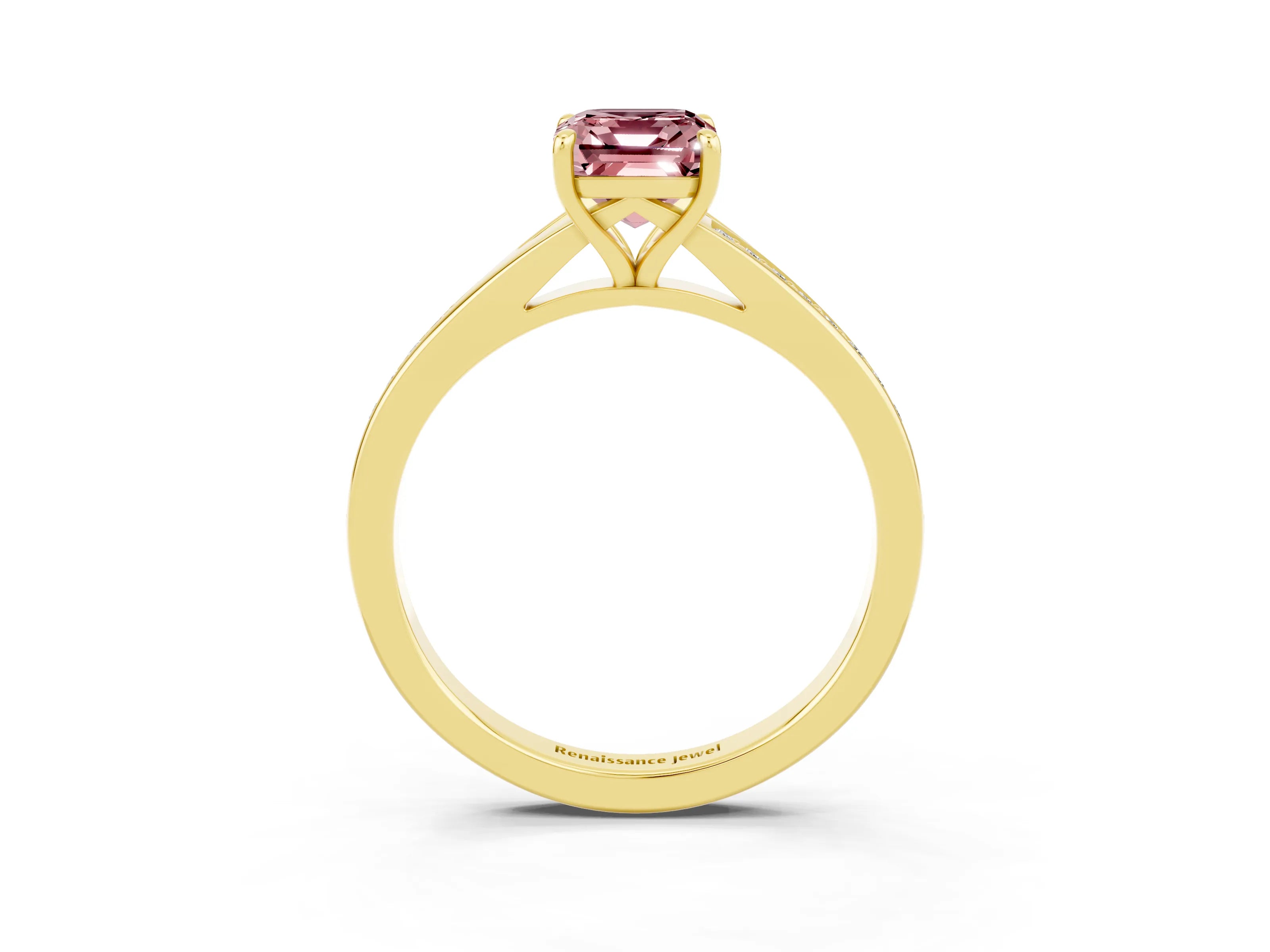 Yellow gold Emerald Cut Morganite Solitaire Ring with Pavé Band and Prong Setting_3