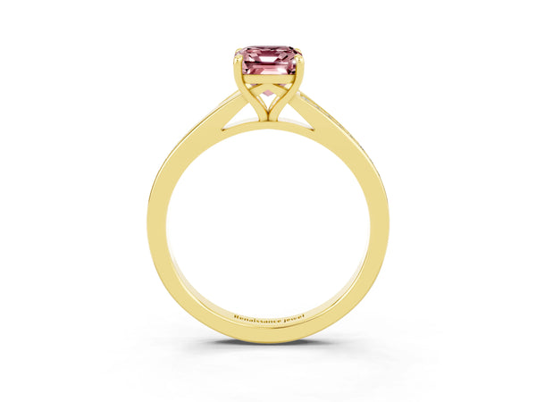 Yellow gold Emerald Cut Morganite Solitaire Ring with Pavé Band and Prong Setting