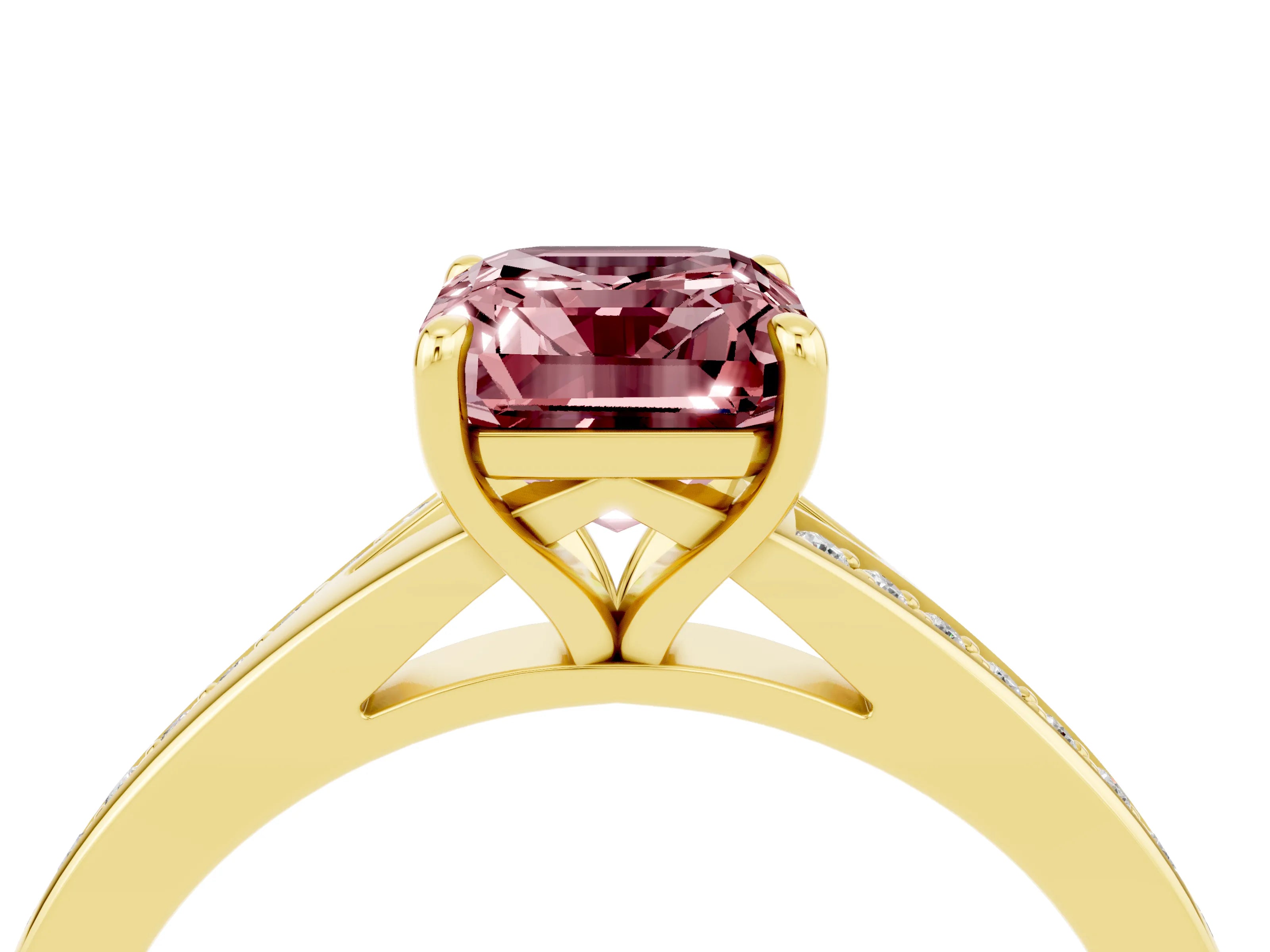Yellow gold Emerald Cut Morganite Solitaire Ring with Pavé Band and Prong Setting_4