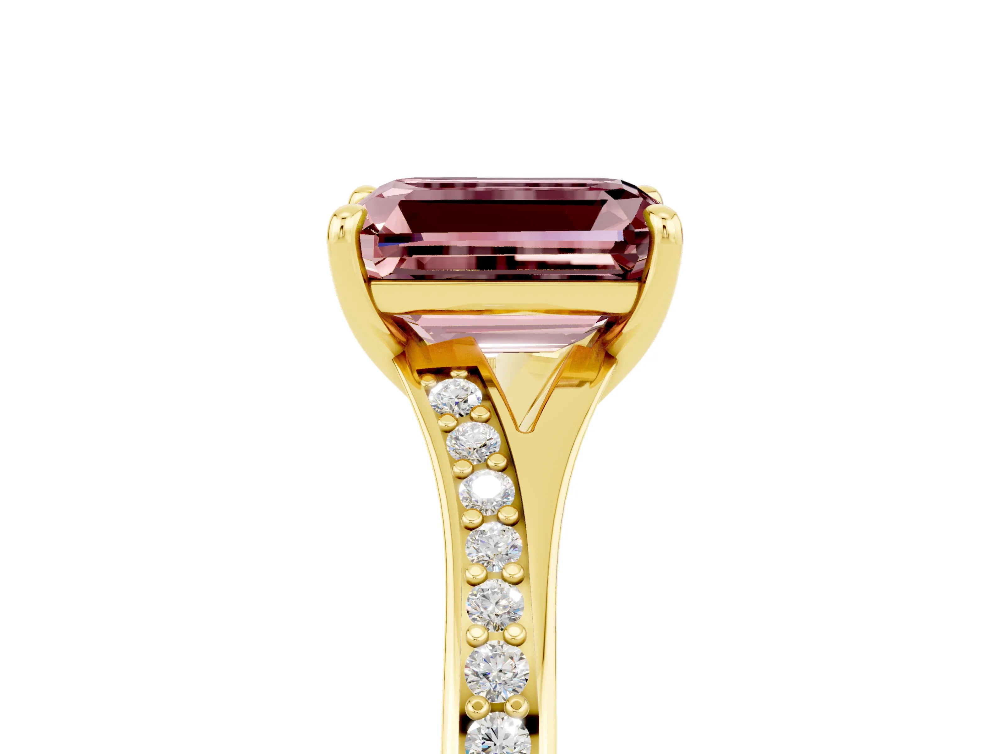 Yellow gold Emerald Cut Morganite Solitaire Ring with Pavé Band and Prong Setting_5