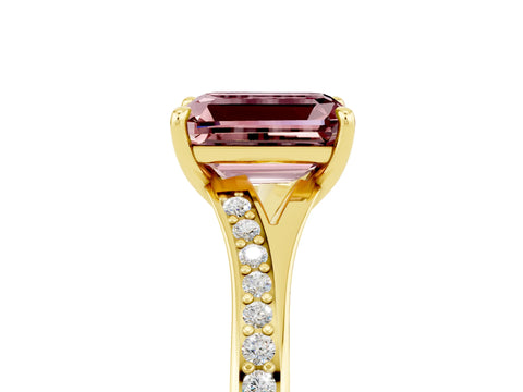 Yellow gold Emerald Cut Morganite Solitaire Ring with Pavé Band and Prong Setting_5